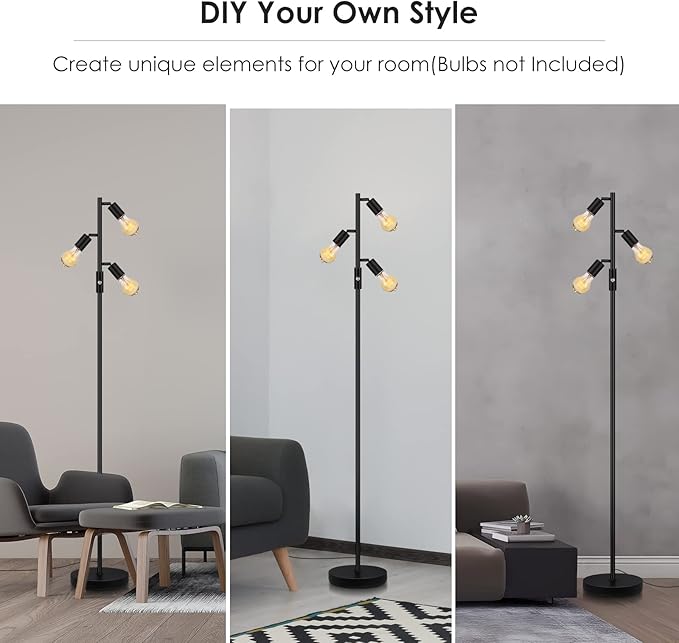 BoostArea Tree Floor Lamp, Industrial Floor Lamp, Modern Standing Lamp with Adjustable 3 Light, E26 Socket, Foot Switch, Minimalist Metal Stand Up Lamp Pole Lamps for Living Room, Bedroom(No Bulbs)