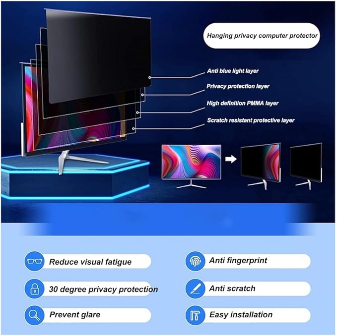 24 inch Hanging Monitor Computer Privacy Screen Filter, Anti Glare Blue Light Screen Protector Panel, Computer Screen Privacy Shield for Widescreen Monitor, 24 inch 16:9 Aspect Ratio