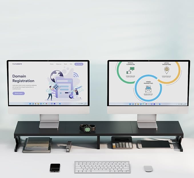 Dual Monitor Stand Riser, Large Wood Monitor Lift with Storage, Sturdy Wood&Steel Multi Screen Stand, Desktop Organizer