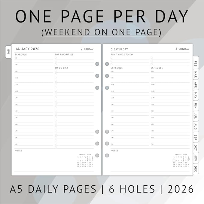 newestor 2026 Daily Planner Refills A5 Size, Filofax Compatible - Day Appointment Schedule & To-Do, Monthly Tabs, 6-Hole Punched