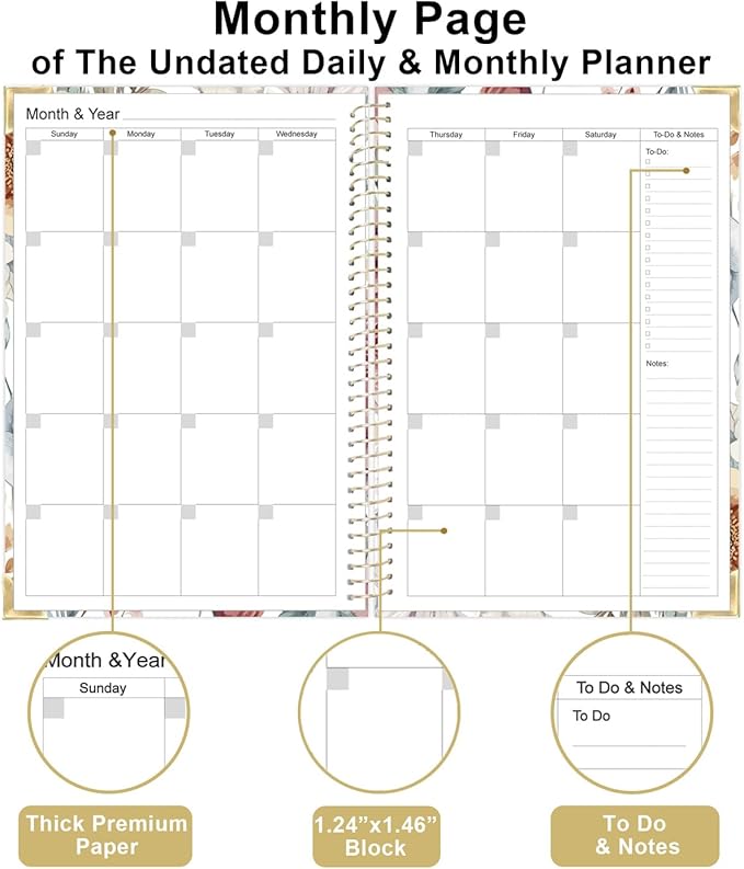 Undated Daily Monthly Planner for 2025 2026 - A5 To Do List with Hourly Schedule, Hardcover Spiral Bound Daily Planner to Increase Focus, Stylish School/Office Supplies, 5.8" x 8.5", Flower