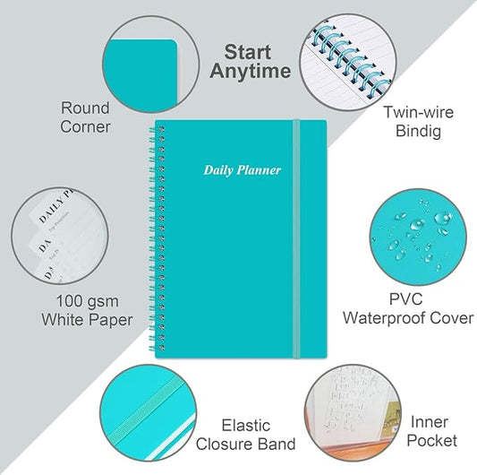 Daily Planner Undated - B5 To Do List Notebook Hourly Schedules, Spiral Appointment Planner for Women and Men, PVC Hardcover, Inner Pocket, Elastic Closure, 7" x 10", Teal