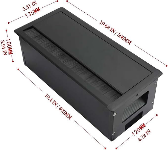 Aluminum Cable Management Box Under Desk No-Drill - Flip-Top Cable Organizer with Dustproof Brush, Clamp-On 20" Long Cable/Cord Management Tray Black for Home Office Standing Desk