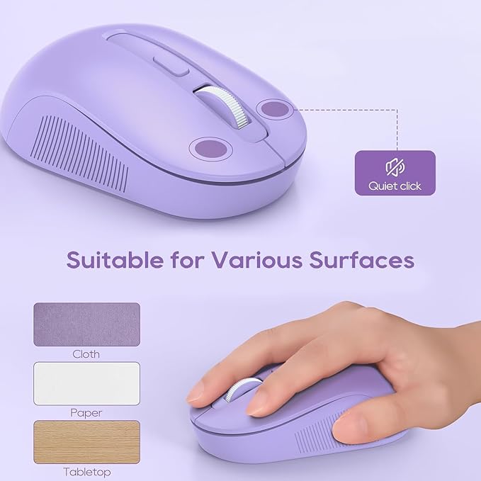 Wireless Keyboard and Mouse Combo, Cute Round Keycaps, Full-Size Retro Typewriter Keyboard with Detachable Wrist Rest, 2.4GHz Cordless Connection for Mac/Windows/PC/Laptop (Purple-Colorful)