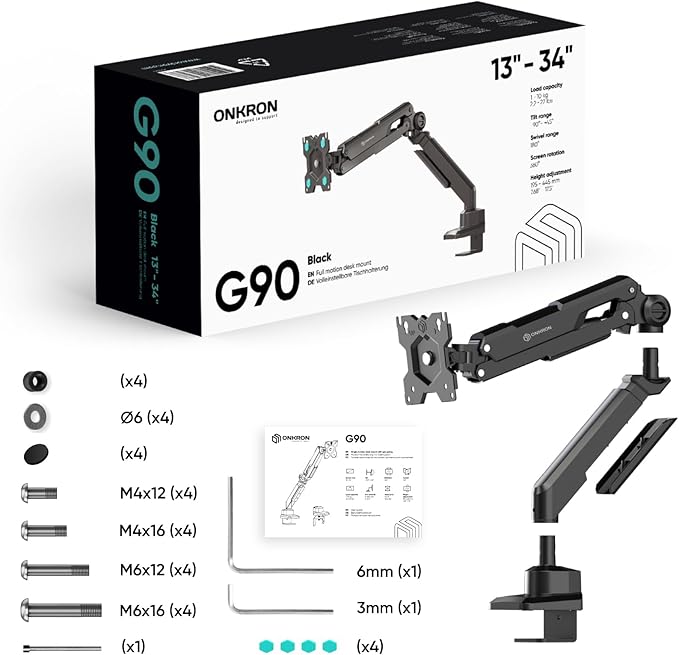 ONKRON Single Monitor Desk Mount for 13-34 Inch Screens, Up to 22 lbs, PC Monitor Arm, Gas Spring, 75x75 & 100x100 VESA, Full Motion, Black