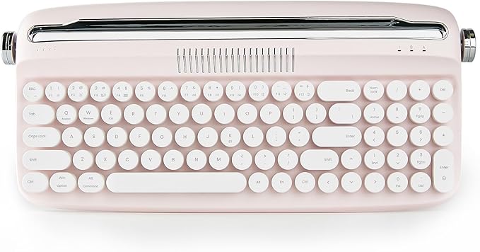 YUNZII Upgraded Wireless Typewriter Keyboard,with Retro Integrated Stand,USB-C/Bluetooth,Cute Round Keycaps, USB-C/Bluetooth Connection for Table, Phone, PC and Win/Mac/Android (B309, Baby Pink)