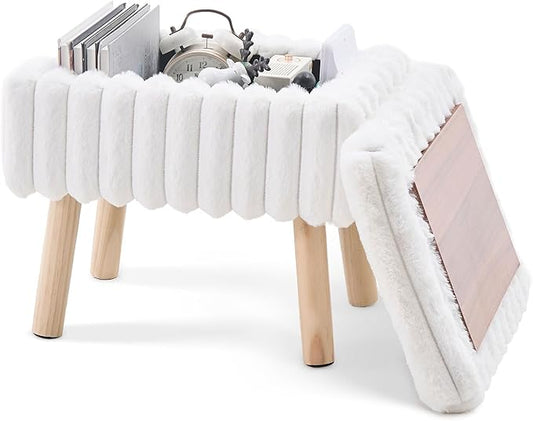 Wimarsbon Storage Ottoman,Soft Faux Fur Footstool with Padded Seat, Small Reading Vanity Chair, Footrest with Wood Tray for Couch, Mini Coffee Table or Display Stand (Cream, Rectangular Storage)