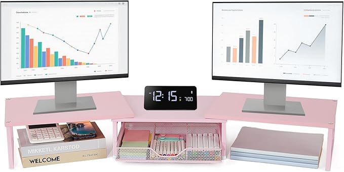 Dual Monitor Stand Riser, Desk Organizer with Drawer, Office Desk Organizers and Accessories, Office Workspace Organization Computer Monitor Stand for Laptop, Printer, TV(Pink)