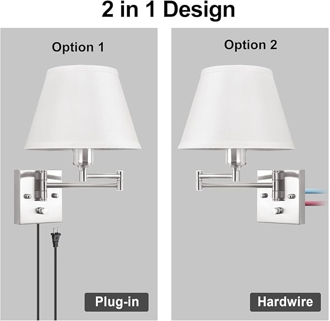 TRLIFE Wall Sconce Plug in, Dimmable Wall Sconces Set of 2 Brushed Nickel Swing Arm Wall Lights with Plug in Cord and On/Off Dimmer Rotary Switch, 9.4" Medium White Fabric Shade(2 Pack, 2 Bulbs)