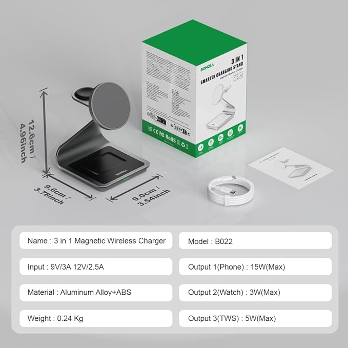 3 in 1 Charging Station for Apple Multiple Devices, Aluminum Magnetic Wireless Charger Stand for iPhone 16/15/14/13/12 Series, Wireless Chargers Dock Stand for Apple Watch/AirPods Pro