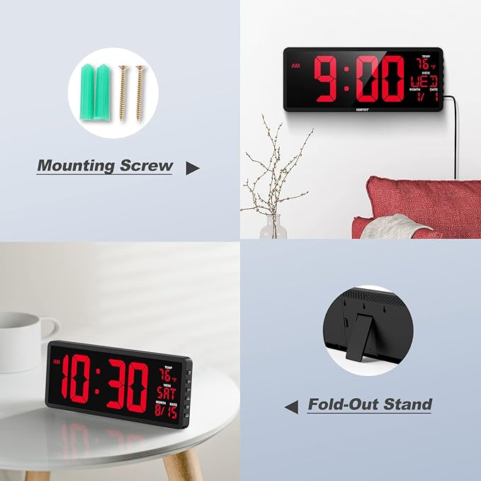 YORTOT 16" Digital Wall Clock Gym Timer with 7 Colors Light & Remote Control - Larger LED Display with Indoor Temperature | Date, Workout Timer with Count Down & Up | Stopwatch for Home Gym Garage