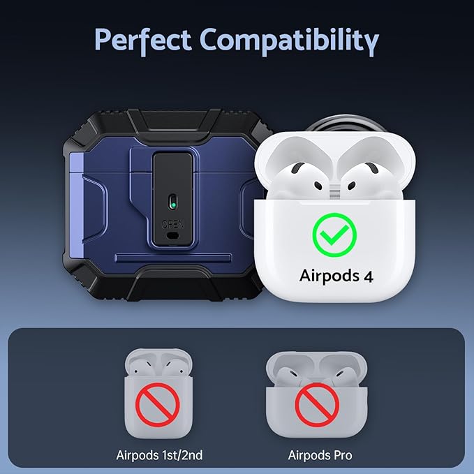 DASFOND Armor Earphone Cover Case for Airpods 4 Generation, Military Grade Full Body Shockproof Protection Hard Case, Support Wireless Charging with Keychain, Magnetic Lid, Front LED Visible, Blue