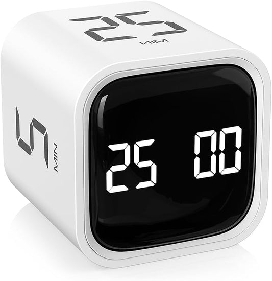 Rotating Pomodoro Timer 5, 25, 10 50 Minutes Preset, Desk Productivity Flip Timer, ADHD Tool Cube Countdown Stopwatch, Vibration/High/Low Volume/Custom Modes, for Work, Study, Back to School, White