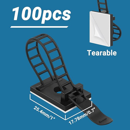 Segarty Cable Organizer Clips, 100 PCS Small Black Adjustable Cords Ties Clamps Self Adhesive Wire Holder Ideal Cord Management for Hanging Tidying Wires for PC Desk Car Wall Office Home Outdoors