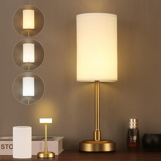 Small Cordless Touch Lamps for Nightstand Lamp Battery Operated Rechargeable Lamp, Portable 3 Colors Stepless Dimmable Fabric Shade Night Light for Restaurant/Bedroom/Outdoor (White+Brass)