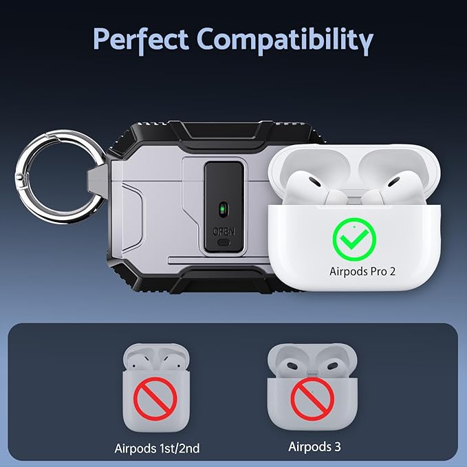 DASFOND Armor Earphone Cover Case for Airpods Pro 2, Military Grade Full Body Shockproof Protection Hard Case, Support Wireless Charging with Keychain, Magnetic Lid, Front LED Visible, Silver