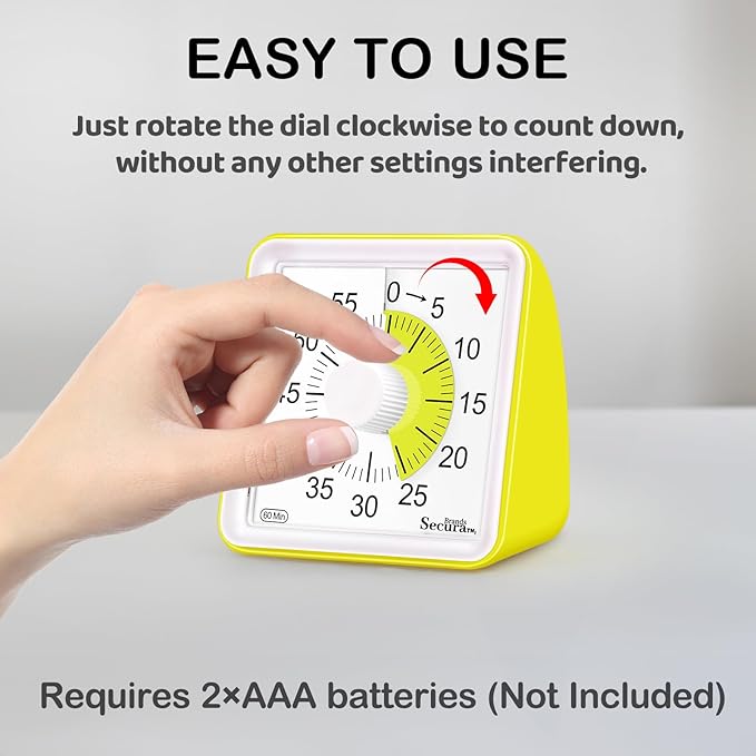 Secura 60 Minute Essential Visual Timer for Kids, Countdown Clock Timer for Special Education, Classroom, School, Desk, Home, Office, Silent Non-Ticking Time Management Tool (Yellow & Yellow)