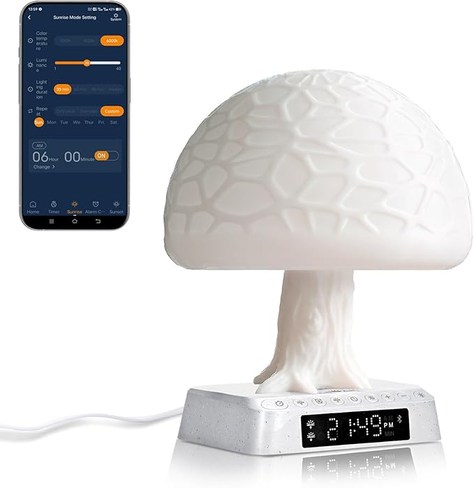 Light Alarm Clock Mushroom Tree lamp Dawn Simulator Sunrise Lamp Wake up Lamp Aesthetic Cute Alarm Clock Bioclock Adjustment APP Control Built-in Natural Ambient White Noise