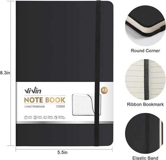 ViVin Lined Journal Notebooks for Work, 192 Pages, Medium 5.5 x 8.3 inch, College Ruled, A5 Hardcover Journaling Notebooks for Work, 3 Pack Bulk