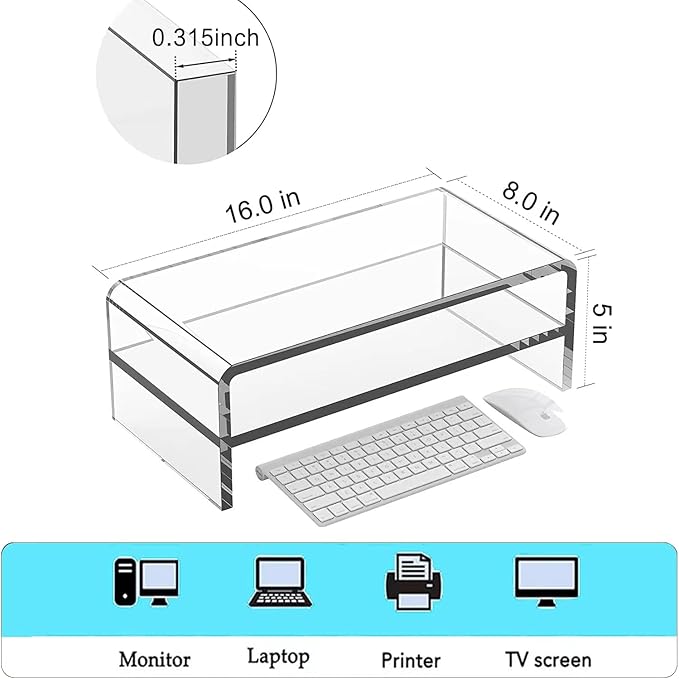 Acrylic Monitor Stand, 2 Tier Computer Monitor Stand Riser,16 inch Acrylic Computer Monitor Stand Riser for iMac, PC, Desktop, Laptop, TV Screen with Extra Storage Space Home Office