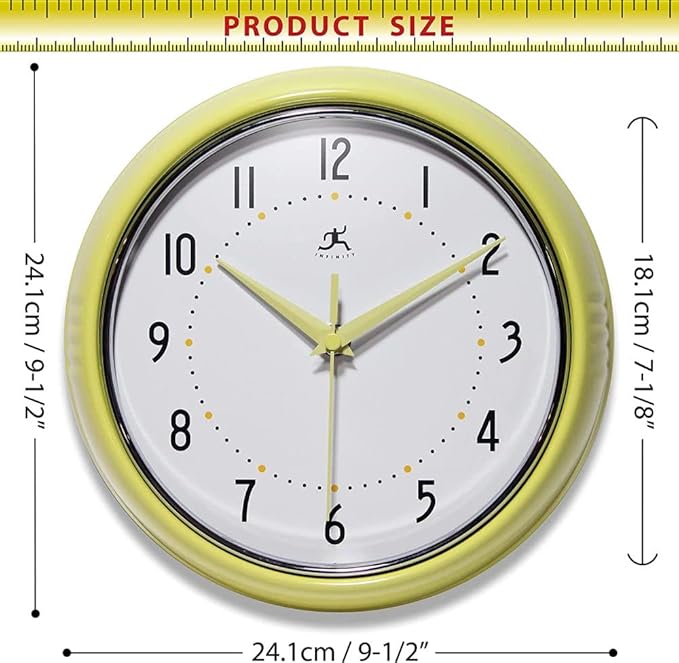 Infinity Instruments LTD. Retro 9 inch Silent Sweep Non-Ticking Mid Century Modern Kitchen Diner Wall Clock Quartz Movement Retro Wall Clock Decorative (Aura Yellow)…