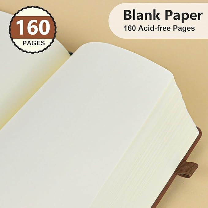 PERCUN Blank Journal Ntebook for Men & Women, 160 Pages Blank Journals for Writing, Drawing,Sketch Book,5.9" x 8.5" Leather Sketchbook, Unlined Notebook for Work, School, Art - Brown