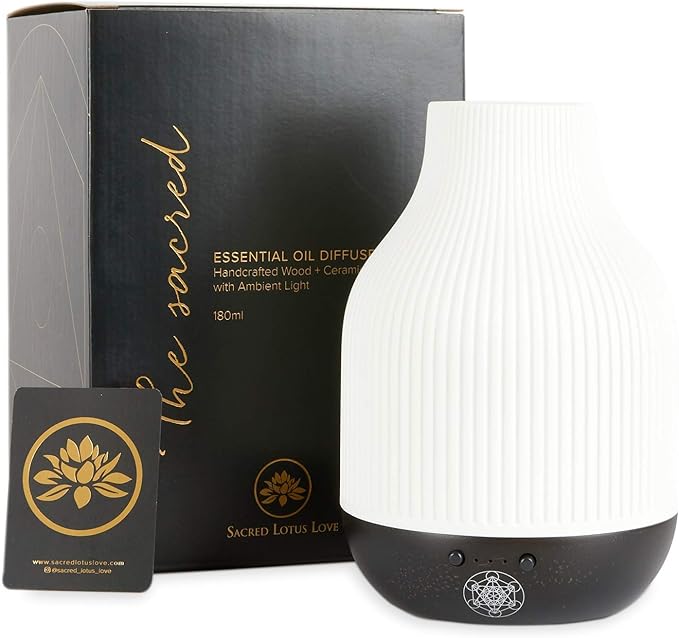 Essential Oil Diffuser Lamp, White Ceramic + Black Wood, Ultrasonic 180ml Whispersoft, 4 Timers | 5 Light Settings, Auto Shut Off, Home + Office, Humidifier Air Purifier Aromatherapy
