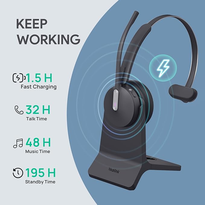Yealink WH64 Hybrid Wireless Headset Dongle & Charging Stand, 492ft Range DECT&Bluetooth Headphones for Teams, Zoom UC,Dual Ear Noise Cancelling Portable Headsets with 3X Mic, 32H Calls,(PC/Phone)