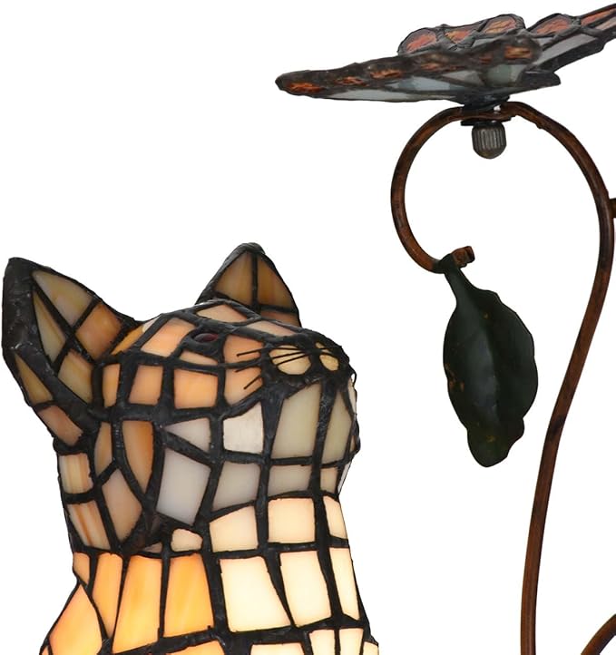 Bieye L10891 Tiffany-Style Stained Glass Cat Accent Table Lamp - Adorable Orange Cat Watching a Butterfly - 10-Inch Tall