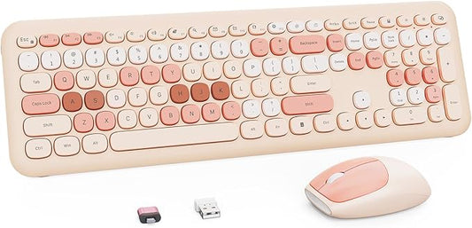 Wireless Keyboard and Mouse Combo, Retro Typewriter Keyboard with Round Keycaps, Full-Size Ergonomic, Brown, Ideal for Windows PC, Home, Office, and College, Wireless Keyboard Mouse Combo