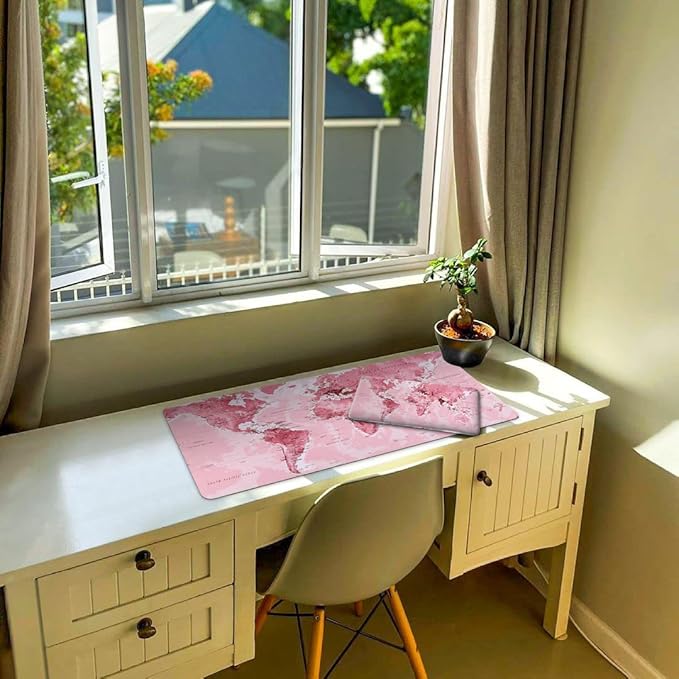 iCasso Extended Gaming Mouse Pad (35.4x15.7 in), Large 3mm Non-Slip Rubber Base Mousepad with Stitched Edges, Waterproof Keyboard Mouse Mat Desk Pad for Work, Game, Office, Home - Pink World