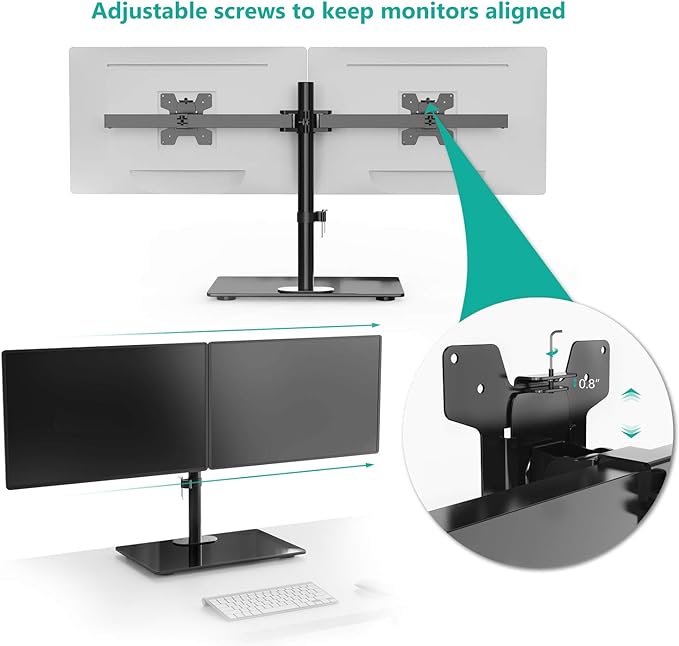 WALI Free Standing Dual Monitor Stand, Height Adjustable Monitor Mount with Glass Base, Fits LCD LED Flat Curved Screen up to 27 inch, 22lbs, with Grommet Base (GMF002)