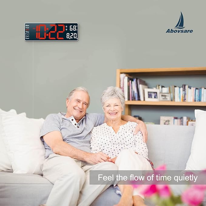 Digital Clock, Digital Wall Clock for Living Room Decor, Desk Alarm Clock for Bedroom, Large Wall Clock with Remote Control, Automatic Brightness Dimmer LED Clock with Date Temperature Week (Red-W)