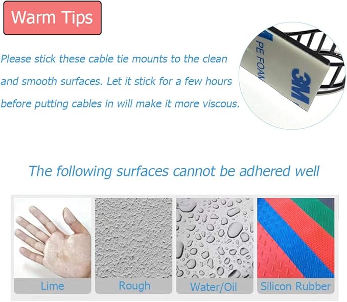 50pcs 2 Sizes Adjustable Adhesive Cable Ties Cable Clips Wire Strap Cord Clamp for Cable Management at Home and Office + 100pcs Nylon Zip Ties