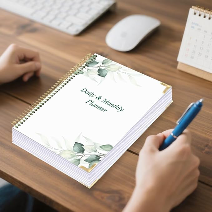 Undated Daily Monthly Planner for 2025 2026 - A4 To Do List with Hourly Schedule, Hardcover Spiral Bound Daily Planner to Increase Focus, Stylish School/Office Supplies, 8.5" x 11", Green Leaf