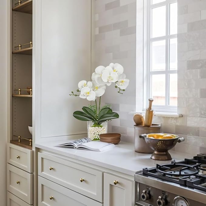 White Orchids Artificial Flowers 16.1" Faux Orchids Plant in Pot Fake Flower Arrangements with Glass Vases Small White Centerpieces for Kitchen Dining Room Tables Bathroom Nightstand Shelf Desk Decor