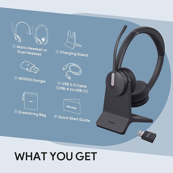 Yealink WH64 Hybrid Wireless Headset Dongle & Charging Stand, 492ft Range DECT&Bluetooth Headphones for Teams, Zoom UC,Single Ear Noise Cancelling Portable Headsets with 3X Mic, 26H Calls,(PC/Phone)