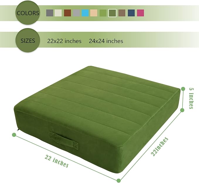 MeMoreCool Square Floor Pillow Seating for Adults Kids, Large Meditation Cushion Floor Pillow with Thick Foam & Soft Tufted Cover, Washable Big Pillow Seat Floor Cushion for Sitting Yoga 22" Green