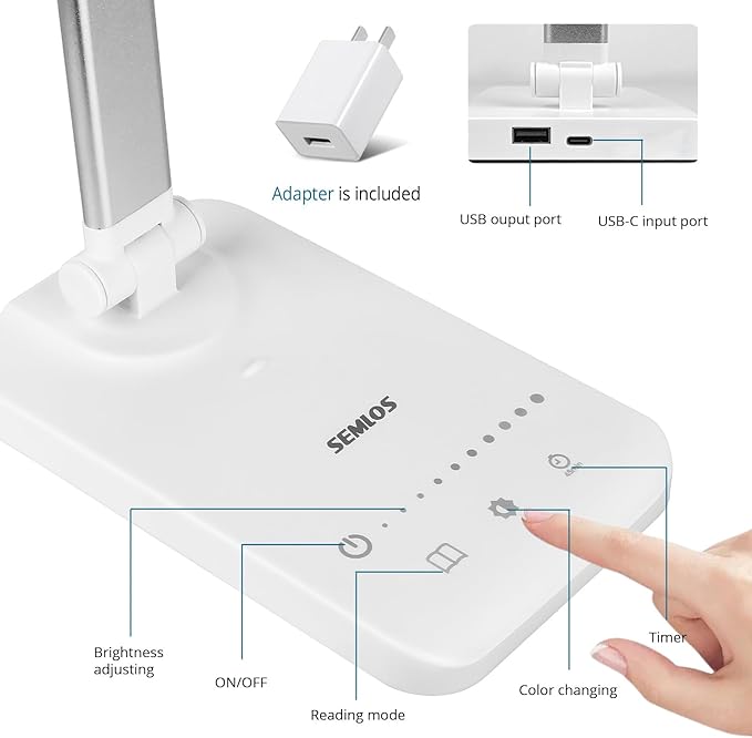 Semlos Dual Head LED Desk Lamp, Eye-Caring Table Lamps, 5 Lighting Modes & 5 Brightness Levels, Touch Control, Dimmable Desk Light for Home Office, White Reading Light, Adapter Included
