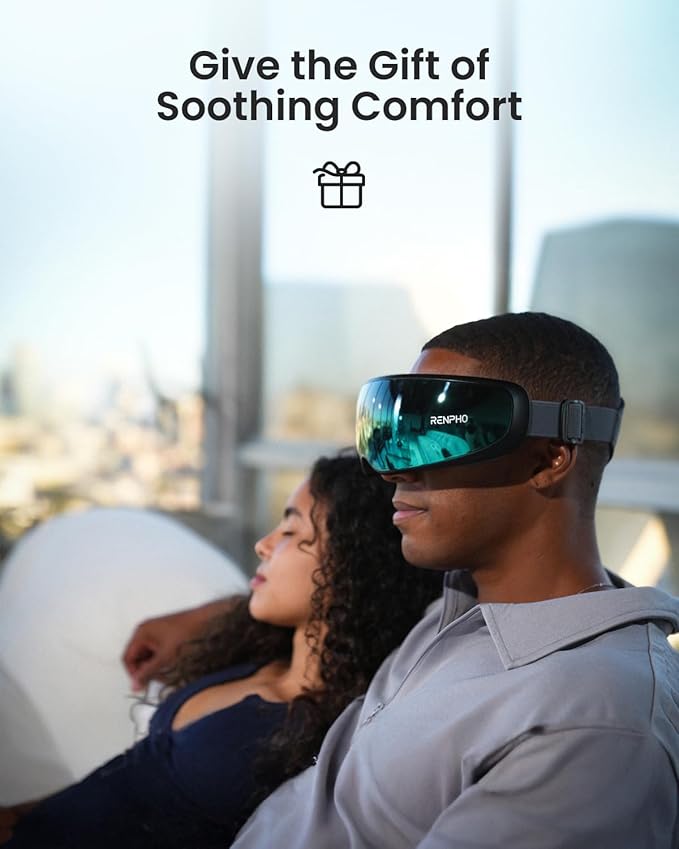 RENPHO Eyeris Caligo Eye Massager with Mist & Temple Massage, Slidable Temple Massager for Migraines, Birthday Gifts for Mom Dad Women Men Her Him, Eye Mask,Head Circumferences 21.7in to 27.5in