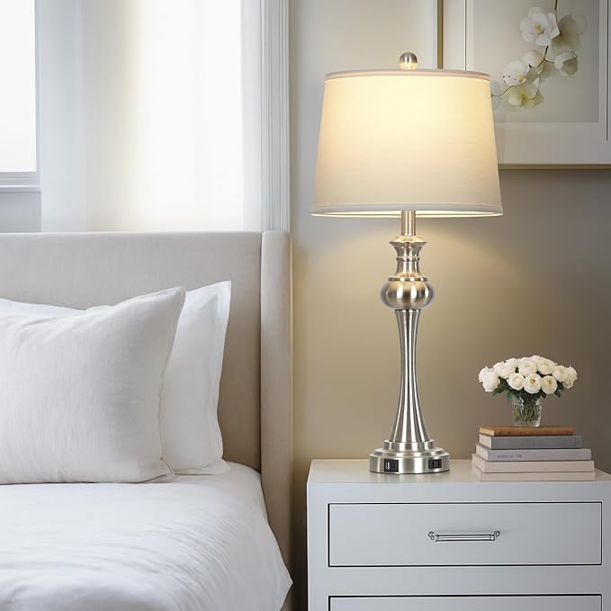 28.75" Silver Table Lamps for Living Room,Touch Lamps for Bedrooms Bedside Lamp 3-Way Dimmable Touch Control, Modern Silver Nightstand Lamp Fabric Shade Mid Century Accent Style(Bulb Inclued)