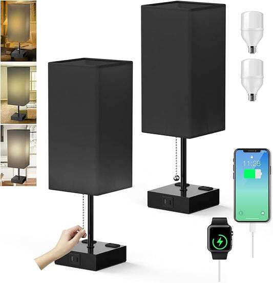 Table Lamp for Bedroom with USB,Bedside Lamp with USB C+A Charging Ports,Adjustable 3color LED Light for Home Decor/Nightstand/Office,Included Bulb and Fabric Lamp Shade (Linen Black, 2PCS)