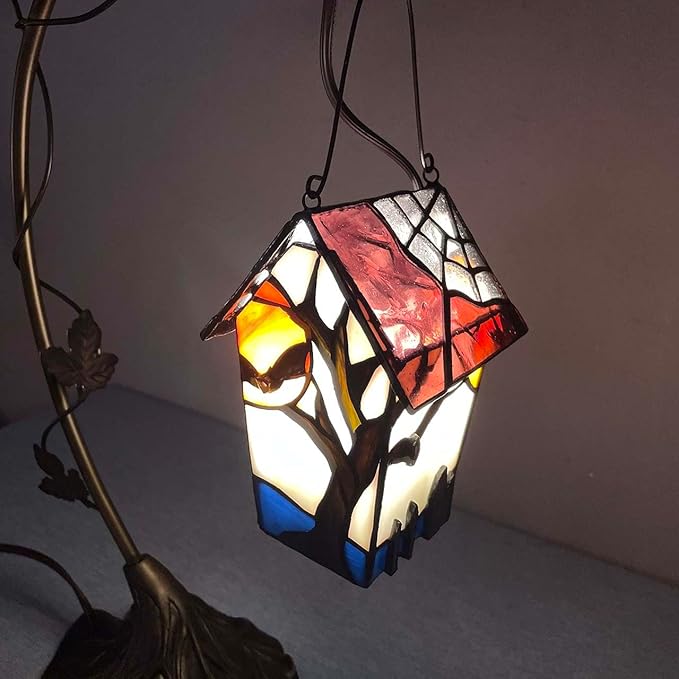 Bieye L10938 Spooky Graveyard Tiffany Style Stained Glass Birdhouse Table Lamp for Halloween Decor (21-inch High, Bat Nest)