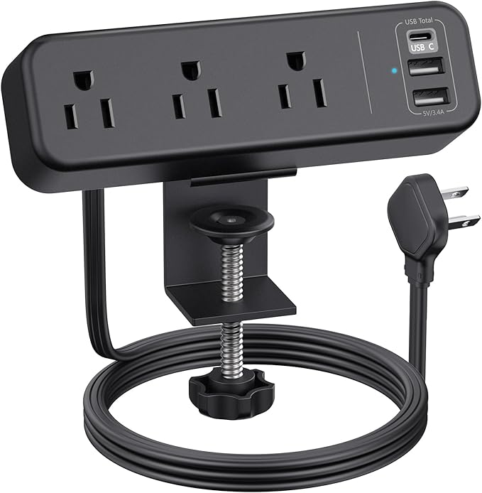 3 Outlet Desk Clamp Power Strip with USB C, Black Flat Plug Desktop Edge Clamp Power Socket Connect 6.5 ft Thin Extension Cord for 1.6 inch Tables