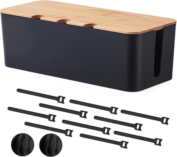 Cable Management Box, Cord Cable Organizer Box with Bamboo Lid, Under Desk Cable Management with 10 Cable Ties and 2 Cable Clip Holders for TV Router Computer USB Hub Black