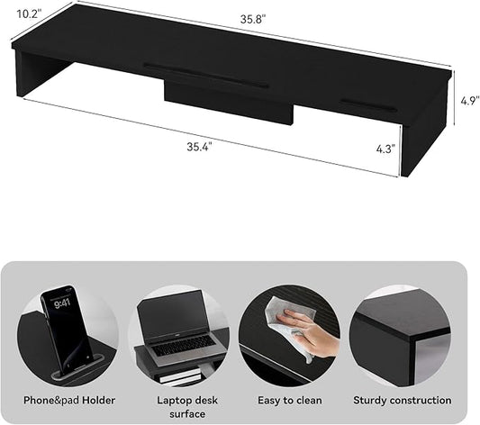 Dual Monitor Stand Riser with Phone Tablet Holder, 35.8in Large Monitor Stand for Desk, Computer Monitor Stand for 2 Monitors, Desk Shelf for Top of Desk, Desktop Organizer for Laptop, Printer, TV