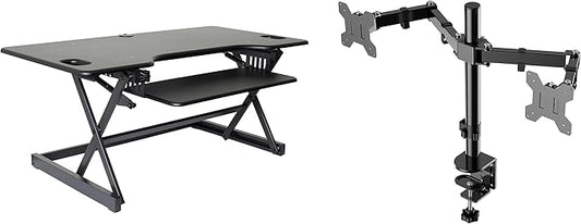 Rocelco 46" Large Height Adjustable Standing Desk Converter with Double Monitor Mount Arm BUNDLE - Quick Sit Stand Up Computer Workstation Riser - Retractable Keyboard Tray - Black (R DADRB-46-DM2)