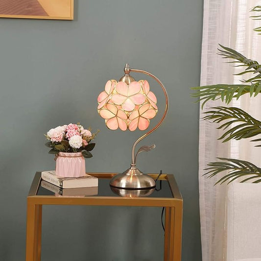 Bieye L10732 Tiffany Style Stained Glass Flower Petal Table Lamp with Brass Base for Home Décor (Pink, 8" Cherry Blossom)