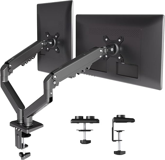 Claiks Dual Monitor Mount for 15-32 Screens, Ergonomic Gas Spring Monitor Arm for, Adjustable Computer Monitor Stand up to 40 lbs, with Clamp and Grommet Base, VESA Mounting Holes 75&100mm, Black
