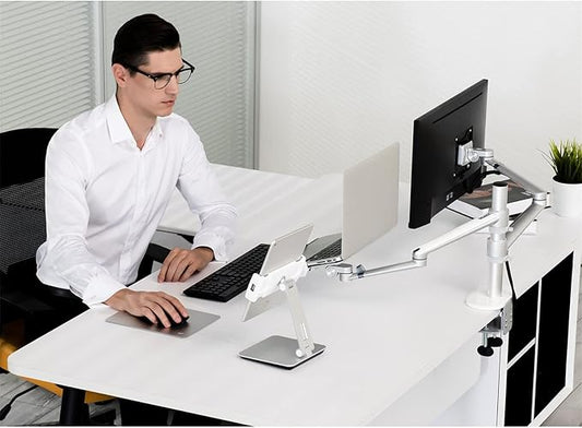 Viozon Monitor and Laptop Mount, 2-in-1 Adjustable Dual Arm Desk Mounts Single Desk Arm Stand/Holder for 17 to 32 Inch LCD Computer Screens, Extra Tray Fits 12 to 17 inch Laptops (Silver)